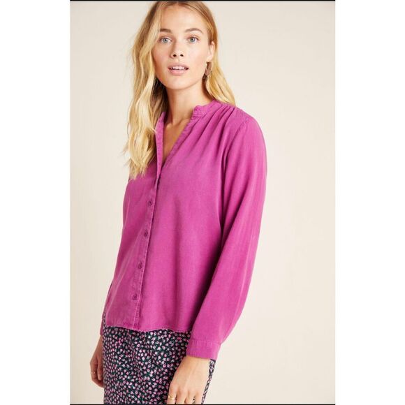 Anthropologie Cloth & Stone Smocked Raspberry Button Down Top Petite Large - Picture 2 of 5